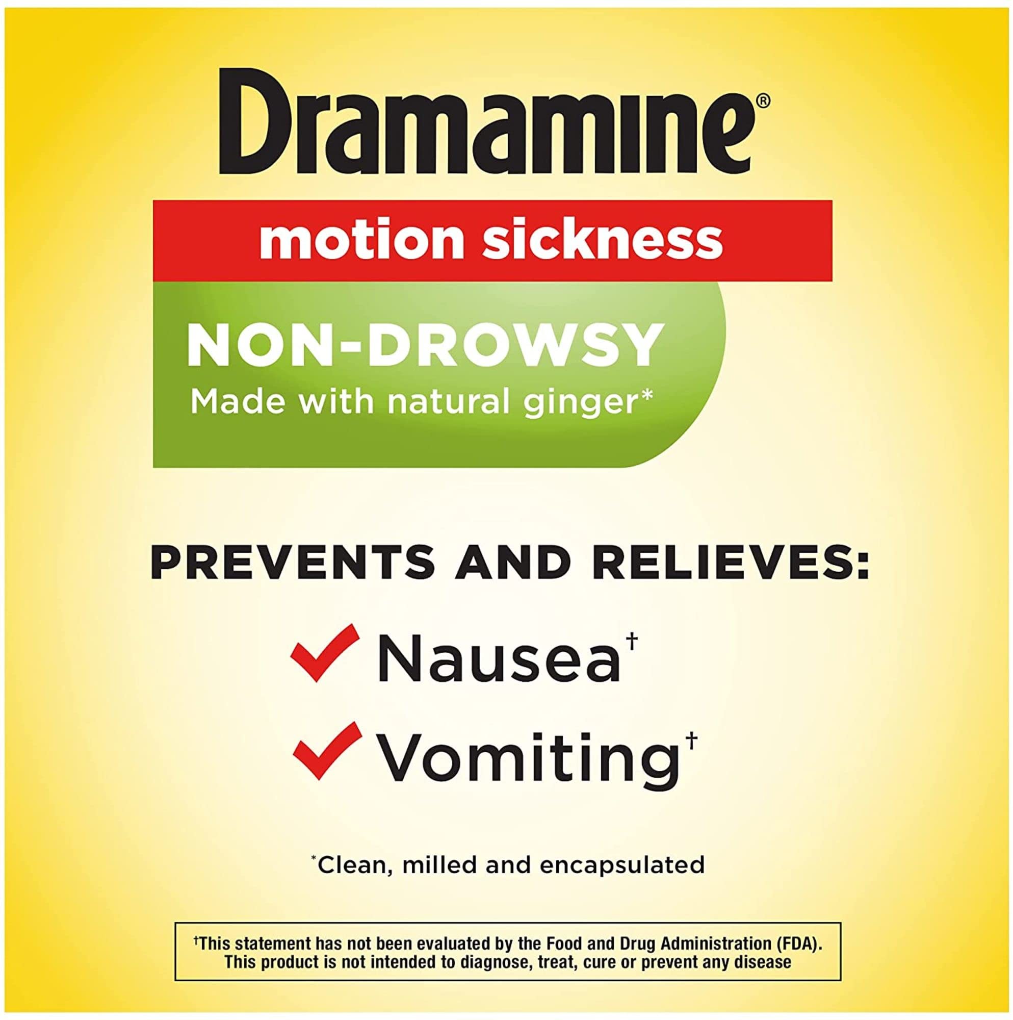 Dramamine Non-Drowsy, Motion Sickness Relief, Made with Natural Ginger, 18 Count