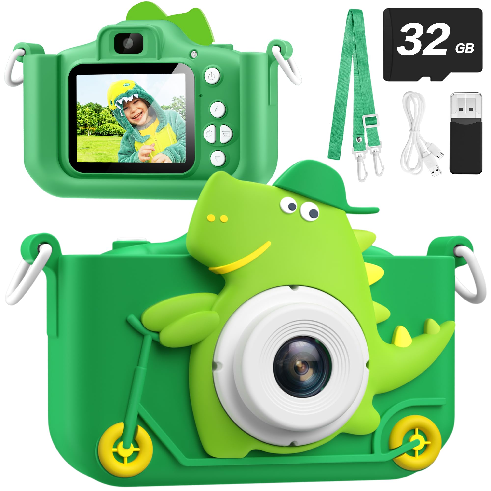 Upgrade Dinosaur Kids Camera for 3-12 Year Old Boys Girls, Christmas Birthday Gifts for Kids, 1080P HD Kids Digital Video Camera with 32GB SD Card, Multi-Functional Cute Portable Kids Toys