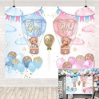 Boy or Girl Gender Reveal Backdrop Blue or Pink Hot Balloon Bear Baby Shower Party Photography Background He Or She Gold Stars Sky Lovely Newborn Gender Reveal Party Decorations Banner 10x8ft
