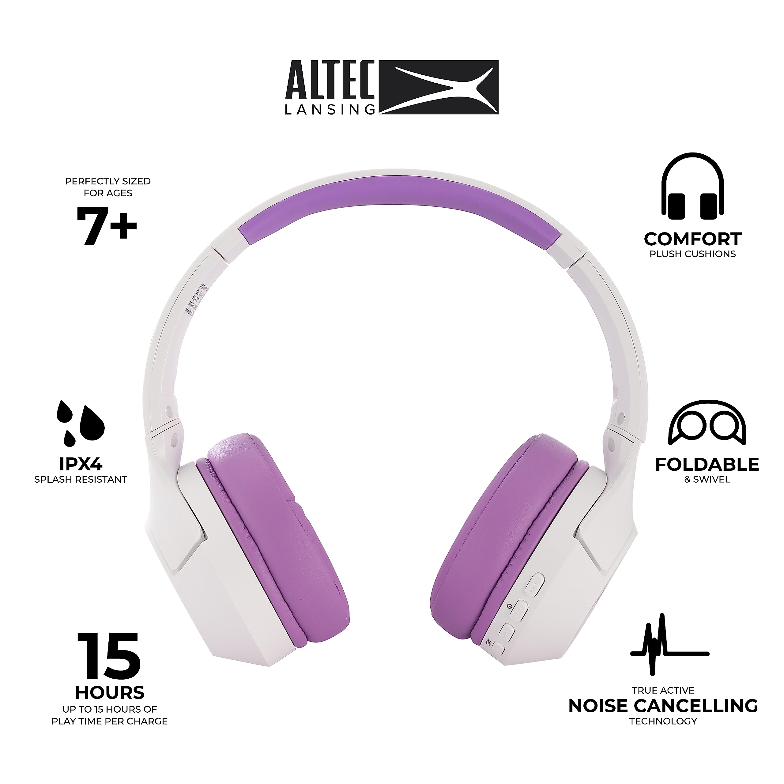 Altec Lansing Kid Safe Noise Cancelling Wireless Headphones 15H Battery, 85dB Volume Limit, Foldable Design Powerful Sound, Active Noise Cancellation Perfect for Kids Ages 7+ (Electric Purple)