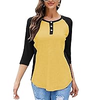 HOCOSIT Womens Raglan 3/4 Sleeve Tops Round Neck Color Block Henley Shirts Ladies Basic Button Blouse