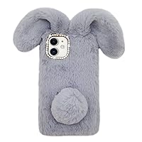 Bonitec Compatible with Galaxy S24 Ultra Rabbit Case, Bling Fur Case for Women Girls Luxury Cute Warm Handmade Rabbit Bunny Furry Fuzzy Fluffy Soft 3D Ear Hair Plush Ball Protective Case Cover, Grey