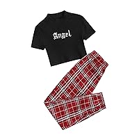 SOLY HUX Girl's Letter Print Short Sleeve Tee Top and Plaid Pants Set 2 Piece Outfits