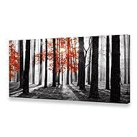 Cao Gen Decor Art S06662 Wall Art Canvas Painting Red Tree in Black and White Sunshine Foggy Forest Picture Poster Print Framed and Stretched Ready to Hang for Living Room Bedroom Office Home Decor