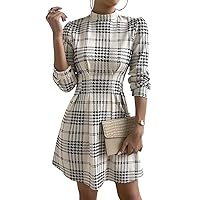 Women's Dress Plaid Print Puff Sleeve Pleated Detail Mock Neck Dress Summer Dress (Color : Apricot, Size : Small)