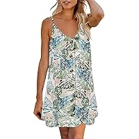 Women's Casual Dresses Printed Camisole Tank Dress V Neck Backless Button Down Mini Dress Sleeveless Summer Sundress Daily Wear Streetwear(4-Green,12) 0205