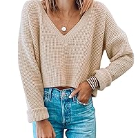 Jumppmile Womens V Neck Waffle Knit Cropped Top Long Sleeve Pullover Crop Sweater