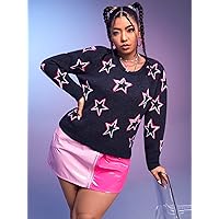 Sweater for Women - Plus Star Pattern Round Neck Sweater (Color : Navy Blue, Size : XX-Large)
