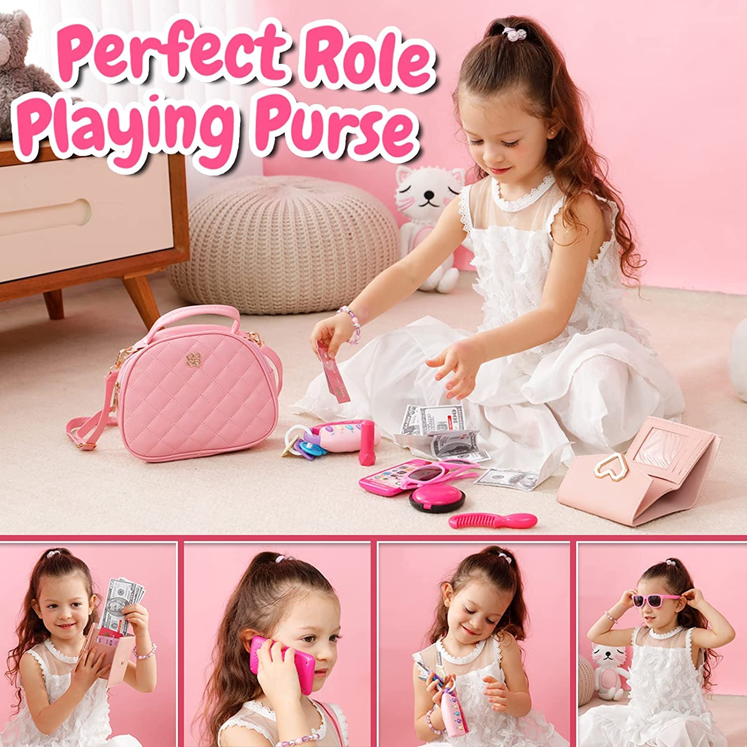 Peertoys Kids Makeup Kit Girls Purse - Cute Pretend Cosmetics Mini Bag Toy Cell Phone Wallet Money Credit Card Accessories Kit Gifts Baby Girl Princess Toddler Ages 3,4,5,6,7,8,9,10,11,12 Years Old