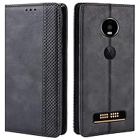 Moto Z4 Case, Moto Z4 Play Case, Retro PU Leather Full Body Shockproof Wallet Flip Case Cover with Card Slot Holder and Magnetic Closure for Motorola Moto Z4 / Z4 Play Phone Case (Black)