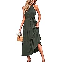 PRETTYGARDEN Women's Summer Maxi Sun Dress Sleeveless Halter Neck Flowy Ruffle Hem Long Boho Dresses with Belt (Solid Army Green,Large)