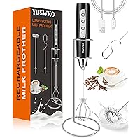 YUSWKO Rechargeable Milk Frother for Coffee with Stand, Handheld Drink Mixer with 3 Heads 3 Speeds Electric Stirrers for Latte, Cappuccino, Hot Chocolate, Egg - Black