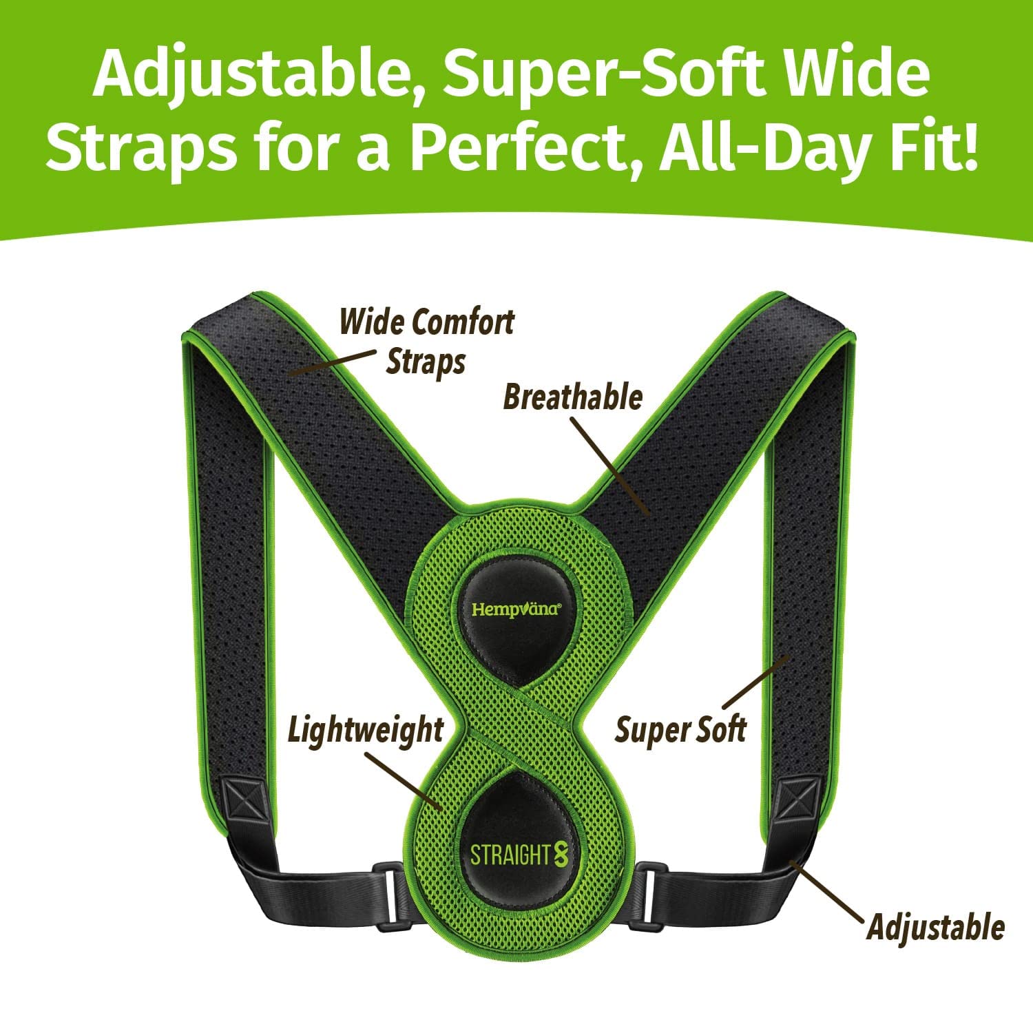 Hempvana Straight 8 Fully Adjustable Lightweight Posture Corrector, As Seen On TV, Helps Relieve Back Strain, Slouching & Text Neck, Moisture-Wicking Hemp Fibers, Eight Points of Support, One Size