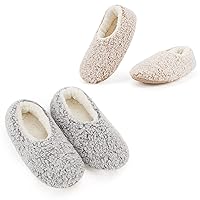 2-Pair Women's Soft Sole Slipper Socks with Grippers, Thick Warm Cozy Sherpa Lined Home Socks Set, Cable Knitted Non-slip Fluffy Winter House Bedroom Slippers