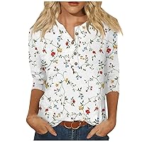 Womens Tops Summer 3/4 Sleeve Button Down Henley Shirts Trendy Three Quarter Length Sleeve Top Tunics Floral Blouse