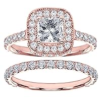 14k Rose Gold Pave Set Diamond Encrusted GIA Certified Princess Cut Engagement Bridal Set (1.30-2.42 CT TDW)