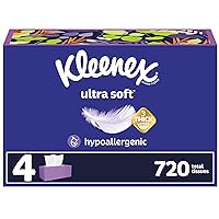 Kleenex Ultra Soft Facial Tissues, 4 Flat Boxes, 180 Tissues per Box, 3-Ply, Packaging May Vary