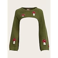 Women's Sweater Mushroom Pattern Bell Sleeve Crop Sweater Sweater for Women (Color : Army Green, Size : Small)