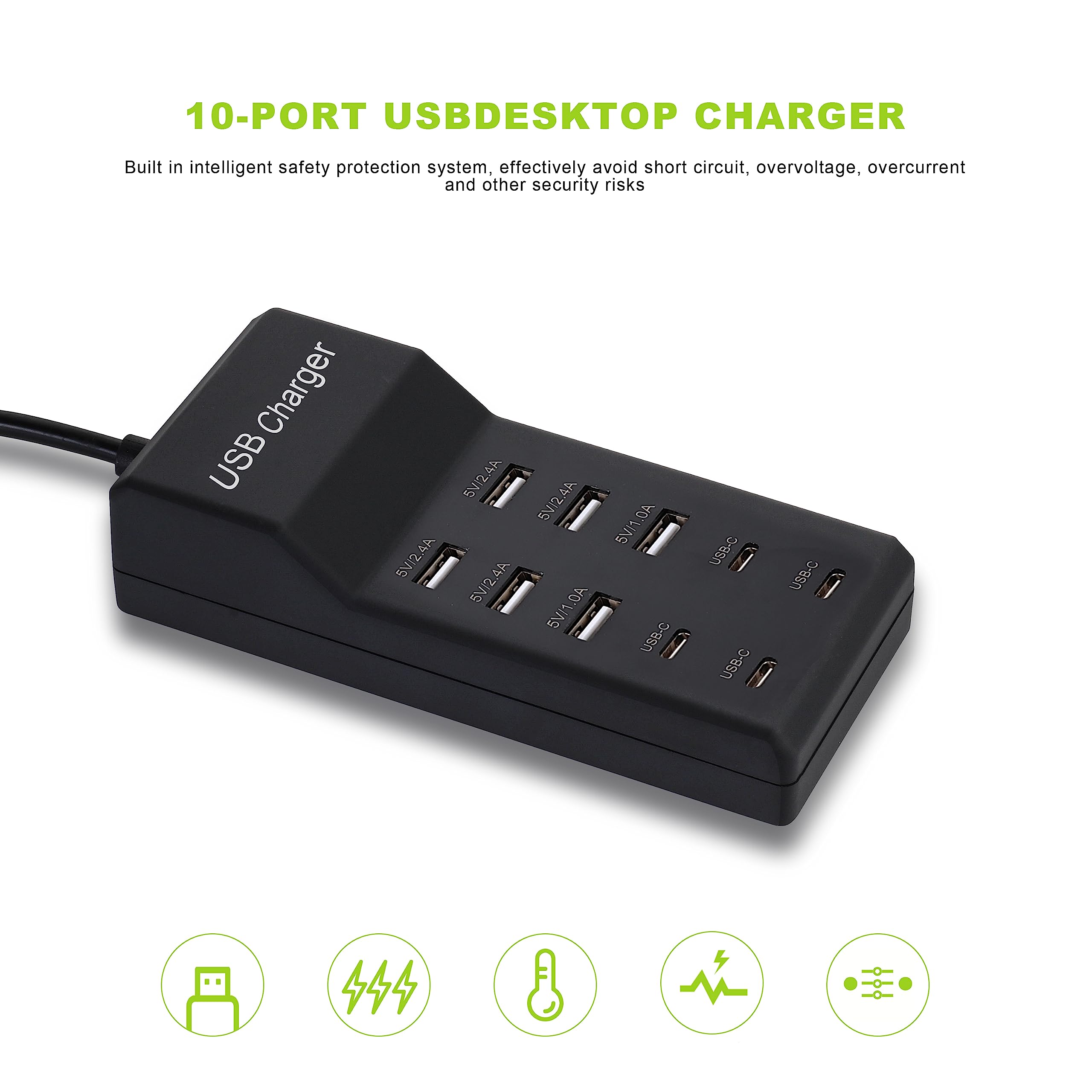 Wyssay USB Charger,5V 10A(50W) USB Charging Station with 10-Port (6 USB-A Port & 4 USB-C Port) Compatible with iPhone 14/13/12/11/X/8/7/6 Phones, Watch,Tablets, Smartphones Black