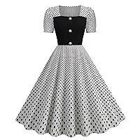 Women Polka Dot 1950s Prom Dress 50s 60s Rockabilly Dress Single-Breasted Short Sleeve Retro Cocktail A-Line Dress
