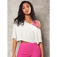 Women's T-Shirt Solid Asymmetrical Neck Crop Tee Without Bra T-Shirt for Women (Color : White, Size : X-Small)