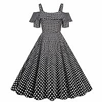 Womens Vintage Polka Dots 50s 60s Party Dress Off Shoulder Ruffle Cape Short Sleeve Cocktail Swing A-Line Dress