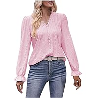 Women Casual Lantern Long Sleeve Tops Lace V Neck Eyelet Shirts Fitted Dressy Fashion Solid Color Summer Blouses