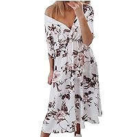 2021 Women's Casual Printing Short Sleeve Holiday Party Floral Print Long Dress(A)