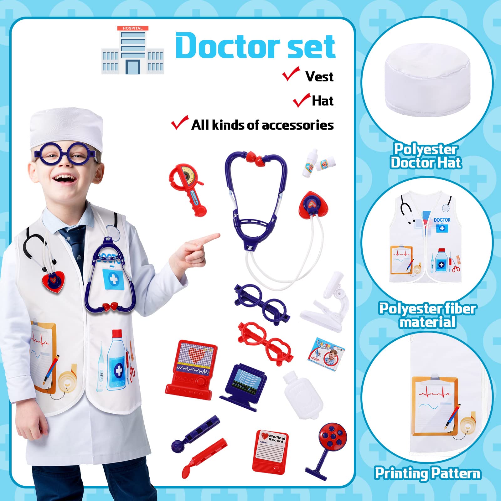 5 Sets Kids Dressing up Costumes, Toddler Dressing up and Pretend Play for Age 6, Construction Worker, Police, Firefighter, Doctor, Surgeon Vest for Boys Girls Pretend Role Accessories