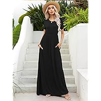 Dresses for Women Solid Hidden Pocket Maxi Dress (Color : Black, Size : Medium)