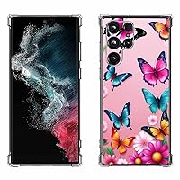 Galaxy s22 Ultra Case,Colorful Butterfly Flowers Pink Drop Protection Shockproof Case TPU Full Body Protective Scratch-Resistant Cover for Samsung Galaxy s22 Ultra