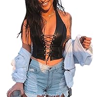 Sexy Corset Tops for Women Adjustable Spaghetti Straps PU Leather Bustier Crop Top Rave Outfit Party Club Night Black