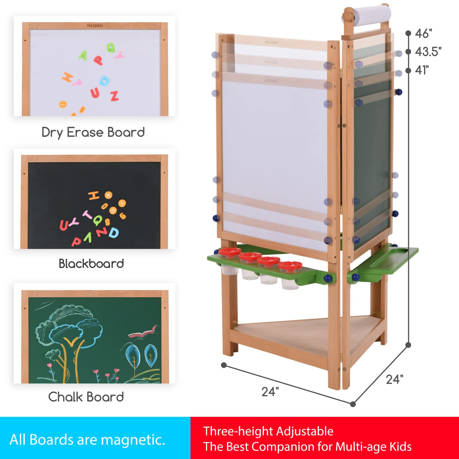 MEEDEN Easel for Kids, 3-Sided Wooden Kids Easel with Chalkboard & Magnetic Whiteboard, Kids Easel with Paper Roll, Adjustable Large Art Easels, Toddler Standing Easel for Painting and Writing