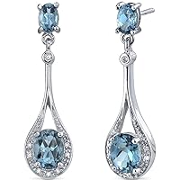 Peora London Blue Topaz Dangle Earrings 925 Sterling Silver, Genuine Gemstone Birthstone Halo Drop Oval Shape, 4 Carats total, Friction Backs