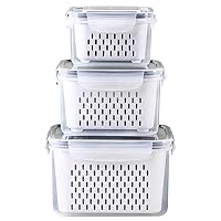 3Pack Fridge Food Storage Container Set with Lids with Strainer, Fruit Vegetable Storage Containers Keep Fruits, Vegetables, Berry, Meat Fresh longer, BPA-Free Plastic Produce Keepers