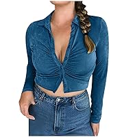 Women Sexy Button Down Cropped Shirts Long Sleeve V Neck Short Blouses Going Out Crop Tops Fashion Collar Shirt