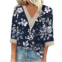 Womens 3/4 Sleeve Tops Floral Summer Tshirts 2024 Lace Crochet V Neck Blouse Three Quarter Length Sleeve Tunic Tops