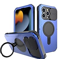 KONSAELR Case for iPhone 15/15 Pro/15 Pro Max, Metal Case with Camera Slide Cover & Screen Protector [Compatible with MagSafe] with Invisible Stand,Blue,iPhone15 Pro Max