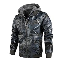 Men's Faux Leather Jacket Casual Stand Collar Camo PU Leather Zip-Up Motorcycle Bomber Jacket With a Removable Hood