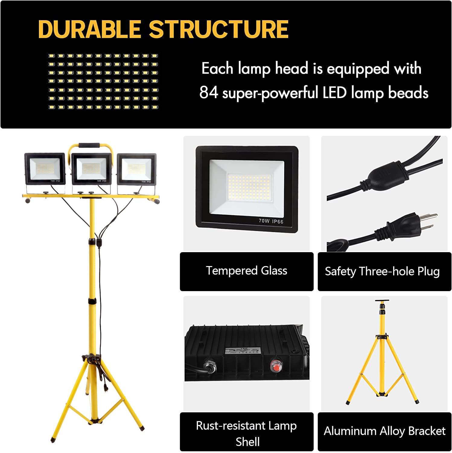 21000 Lumen Work Lights with Stand, 3 Adjustable Head LED Work Light, with Adjustable and Foldable Tripod Stand, Waterproof Lamp with Individual Switch with 6500 Kelvin Color Temperature