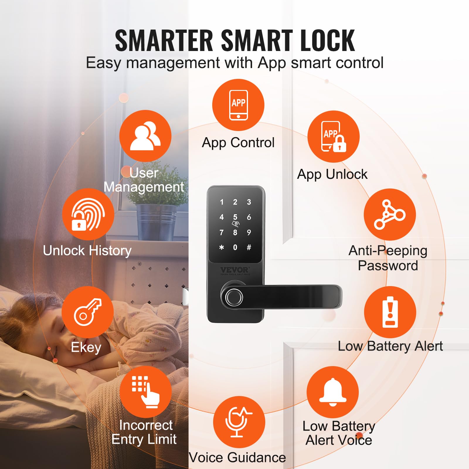 VEVOR Smart Lock, 5-in-1 Smart Door Knob, Fingerprint Deadbolt with App Control, Bluetooth Smart Lock, Keyless Entry Door Lock with Handle, Biometric Door Lock, Keypad Digital Door Lock for Front Door