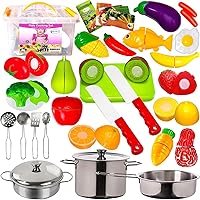FUNERICA Cutting Play Food Set and Pretend Cookware Set with Realistic Stainless-Steel Pots and Pans and Utensils - Toy Kitchen Accessories Playset for Toddlers and Kids