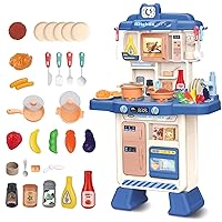 deAO Kitchen Playset Toy with Sounds and Lights, Role Playing Game Pretend Food and Cooking Playset for Kids,35 PCS Kitchen Accessories Set for 3 4 5 Years Old Girls Boys (Blue)