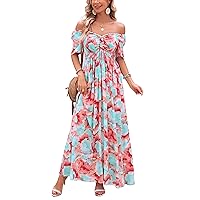 Kormei Women's Summer Off Shoulder Casual Boho Floral V Neck Drawstring Short Sleeve Party Smocked Long Maxi Dress