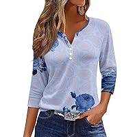 Patriotic Shirts for Women 3/4 Sleeve Henley Neck Graphic Tees Cute Womens Tops Button Down Trendy Blouses
