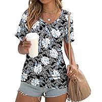 Anydoll Womens 2024 Summer Tunic Tops Casual Short Sleeve V Neck Tshirts with Side Shirring Ruched Blouse