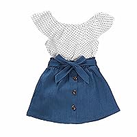 Children's Clothing Summer Cute Point One Shoulder Top Denim Skirt Two Pieces Girls Suit Tie Flower Girl