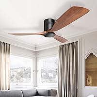 Sofucor 52''Low Profile Ceiling Fan,Flush Mount Outdoor Ceiling Fan 3 Reversible Walnut Wood Blades Noiseless DC Motor 6 Speed with Timer