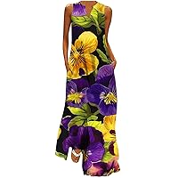 Summer V Neck Maxi Sundresses Women 2024 Boho Floral Tank Dress Sleeveless Fashion Flowy Beach Dress with Pockets