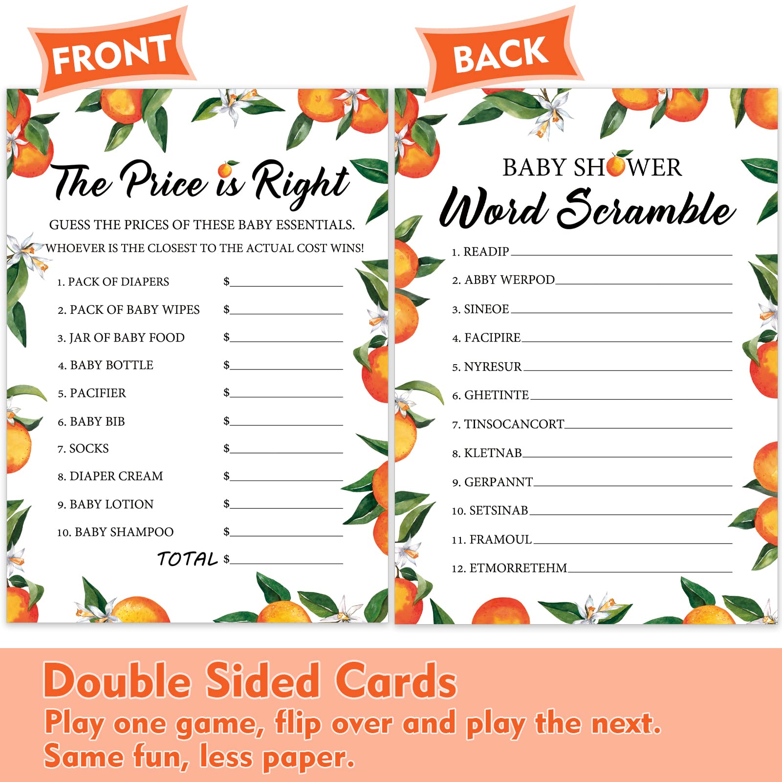 Little Cutie Orange Baby Shower Games, 4 Neutral Games, 50 Sheets Each, Fun Baby Shower Games Activities, Includes Who Knows Mommy Best, Baby Trivia, The Price is Right, and baby Word Scramble